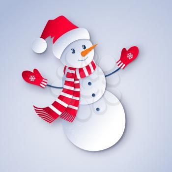 Vector cut paper art style illustration of cute Snowman character wearing santa hat.