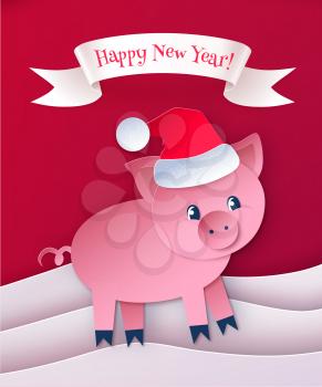 Vector paper cut style postcard with scroll banner and cute New Year Pig character.