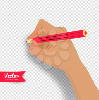 Top view vector illustration of female hand writing or drawing with pencil with shadow on transparency background.