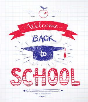 Vector illustration of Welcome Back to School lettering poster with graduation hat on checkered paper background.