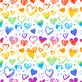Seamless pattern with hand drawn Valentine grunge hearts in lgbt flag color.