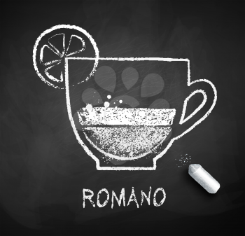 Vector black and white sketch of coffee Romano on chalkboard background with piece of chalk.