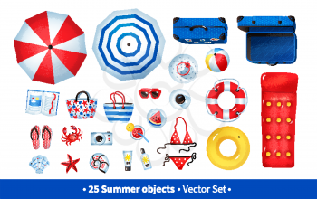Top view vector summertime illustration set of beach items isolated on white background.