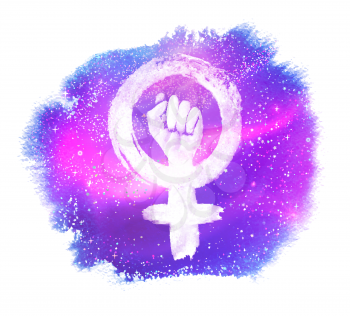 Vector illustration of Women Protest Feminism symbol on outer space watercolor stain background.