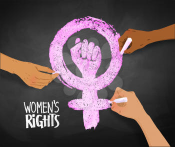 Vector illustration of three women's hands drawing Feminism protest symbol with chalk on blackboard background.