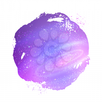Grunge hand painted watercolor stain with glowing ultraviolet outer space background inside.