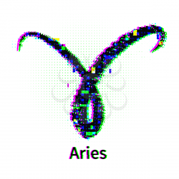 Vector illustration of Aries zodiac sign with grunge and glitch effect.