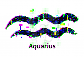 Vector illustration of Aquarius zodiac sign with grunge and glitch effect.