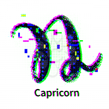 Vector illustration of Capricorn zodiac sign with grunge and glitch effect.