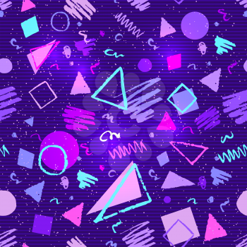 Seamless ultraviolet geometric pattern with grunge elements - triangles, circles, squares and doodles.