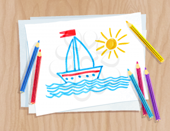 Top view vector illustration of color pencils lying on paper with child drawing of ship and see waves on light wooden desk background.