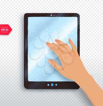 Top view vector illustration of hand with tablet with realistic shadow on transparency background.