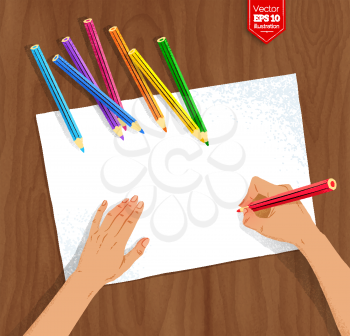 Top view vector illustration of female hands drawing with color pencils on paper sheets on wooden background.