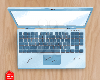 Top view vector illustration of open laptop on wooden desk background.