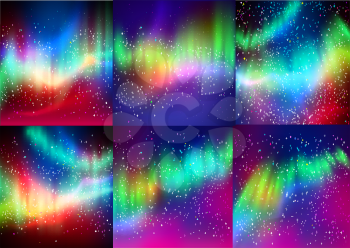 Vector set of northern lights backgrounds in violet, magenta and green colors.