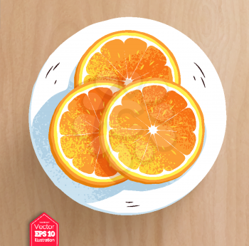 Top view vector illustration of slices of orange with realistic shadow on wooden table background.