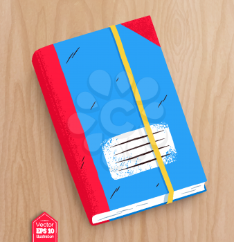 Top view vector illustration of closed notebook with realistic shadow on wooden table background.