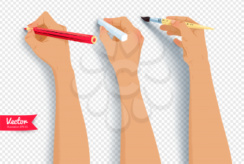 Vector collection of hands drawing with brush, pencil and chalk isolated on transparency background.