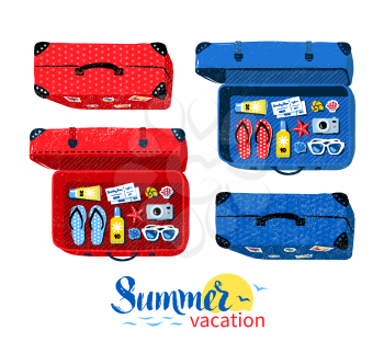 Vector top view collection of summer vacation suitcases, closed and opened with  accessories.