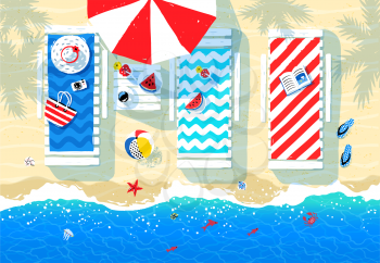 Summer illustration of sun beds, parasol and seaside accessories on beach sand background with sea surf.