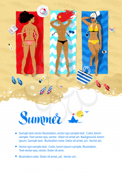 Seaside vacation design with vector illustration of three young women lying on beach and sunbathing with summer accessories and sea surf near them. 