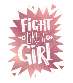 Fight like a girl typographical lettering poster on explosion banner with rose gold glitter background inside.