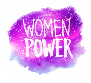 Vector illustration of Woman Power lettering on violet outer space watercolor stain background.