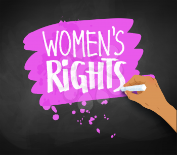 Vector illustration of female hand writing Women Rights slogan with chalk on pastel pink banner on blackboard background.