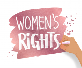 Vector illustration of female hand writing Women Rights slogan with chalk on rose gold banner.