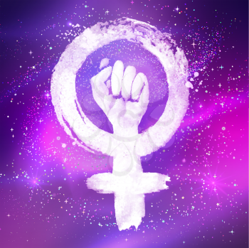 Vector illustration of Women Protest Feminism symbol on outer space ultraviolet glitter background.