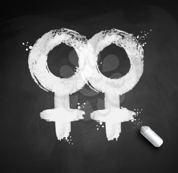 Grunge chalked vector illustration of female gender symbol of homosexuality isolated on blackboard background with piece of chalk.