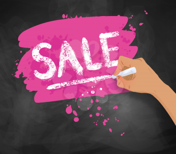 Vector illustration of female hand writing Sale word lettering and pink banner with paint splashes on blackboard background.