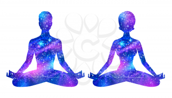 Vector set of illustrations with double exposure male and female silhouettes meditating with ultraviolet outer space background inside.