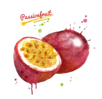 Watercolor illustration of passionfruit whole and half with paint smudges and splashes.