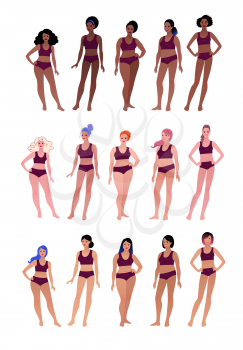 Vector illustrations of body positive multiethnic  female characters isolated on white background.