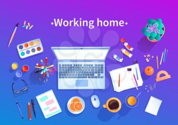 Working Home concept. Vector top view illustration of artist workplace with isolated objects on blue and violet gradient background.