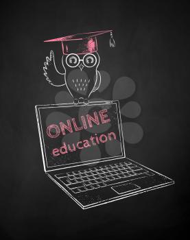 Owl in mortarboard sitting on laptop. Vector chalk drawn illustration of online education concept in red and white on black chalkboard background.