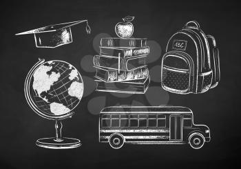 Vector black and white chalk drawn illustration collection of education items on chalkboard background.