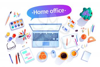 Home office concept vector top view illustration of artist workplace with isolated objects on white background.