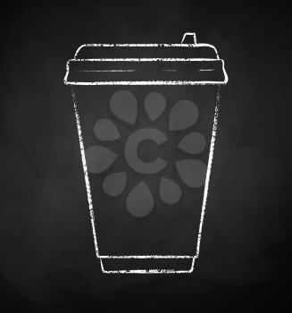 Vector chalk drawn illustration of coffee paper disposable cup on chalkboard background.