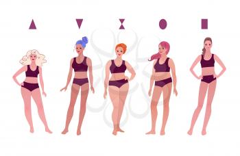 Vector illustration set of female body types characters isolated on white background.