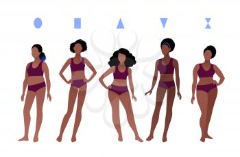 Vector illustrations collection of female body types african american characters isolated on white background.