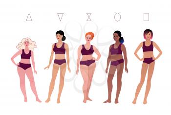Vector illustrations set of multiethnic characters body-positive female body types isolated on white background.