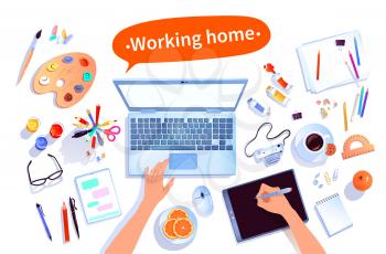 Home office concept. Vector top view illustration of digital artist workplace with isolated objects on white background.