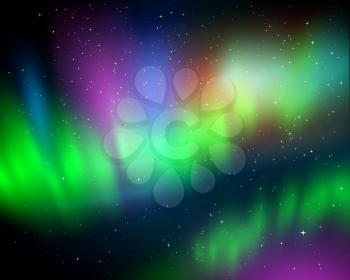 Vector illustration of northern lights background in green, cyan and magenta colors with stars.