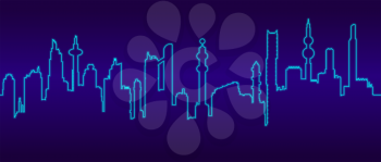 Seamless minimalistic horizontal vector illustration with cyberpunk futuristic cityscape silhouette. Simple one line style glowing neon outline on dark blue background.