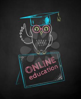 Owl in mortarboard sitting on digital tablet. Vector color chalk drawn illustration of online education concept on black chalkboard background.