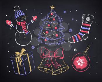 Vector chalked set of Christmas objects in retro vintage style on blackboard background.