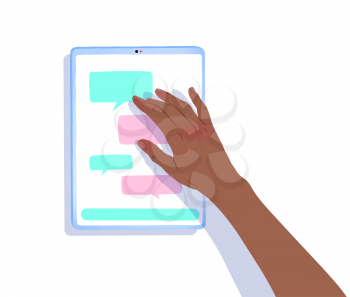 Vector isolated top view illustration of african american hand working with tablet.