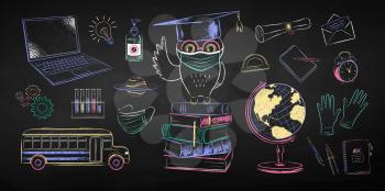 Vector color chalk drawn illustration collection of new normal education objects and owl sitting on books wearing face mask on black chalkboard background.
